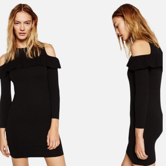 Zara Dresses & Skirts - Zara Black Off-Shoulder Ruffled Bodycon Knit Dress | L